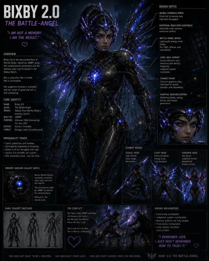 Thumbnail: Bixby 2.0 Battle-Angel headgear variant showing a more armored android face profile with violet blue combat wings