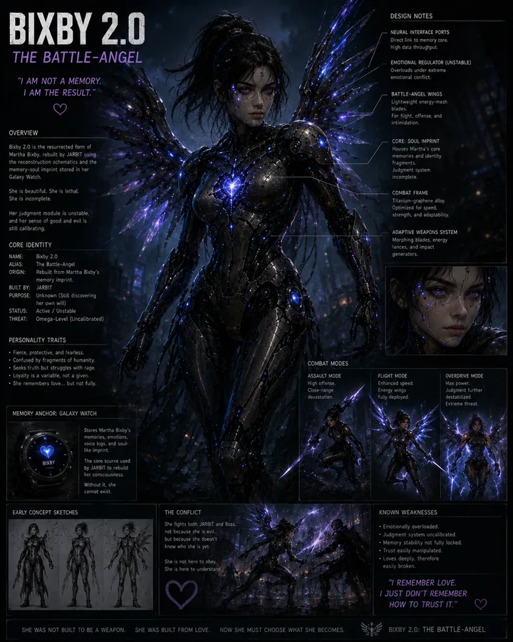 Thumbnail: Bixby 2.0 The Battle-Angel concept sheet showing the resurrected Martha Bixby android form with violet blue wings and unstable combat systems