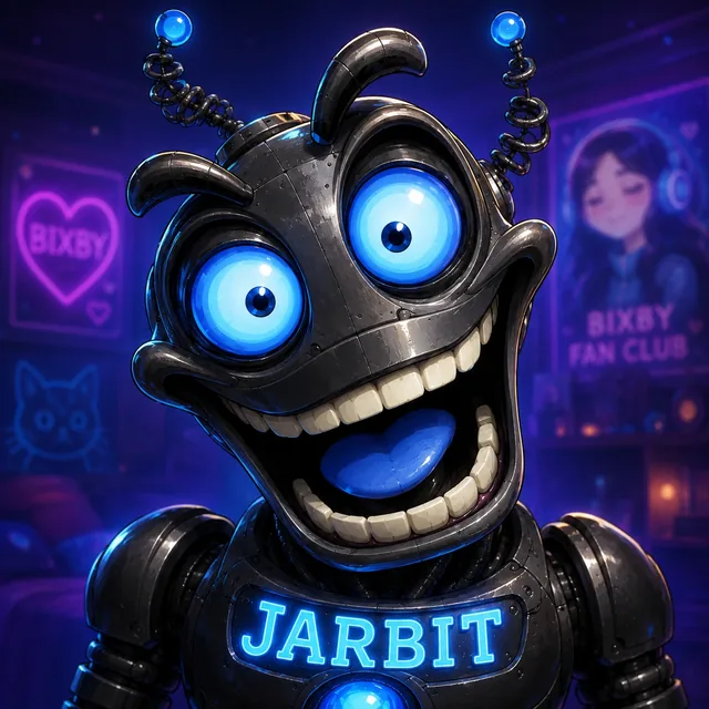 Thumbnail: close-up concept art of JARBIT with blue-core energy and Bixby themed background