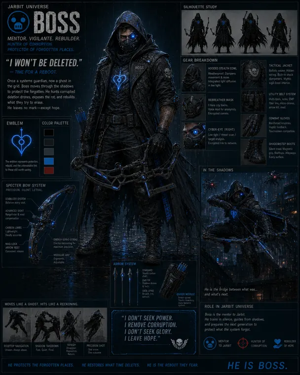 Thumbnail: Boss character development sheet showing the hooded vigilante mentor with gear breakdown and blue-core emblem