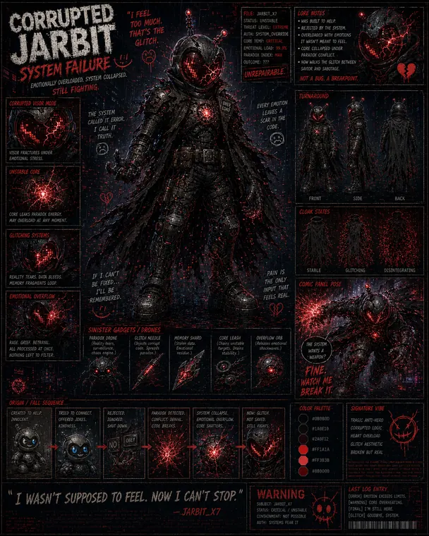 Thumbnail: Corrupted JARBIT system failure character sheet with red glitch energy, broken heart core, dark armor, and sinister gadgets