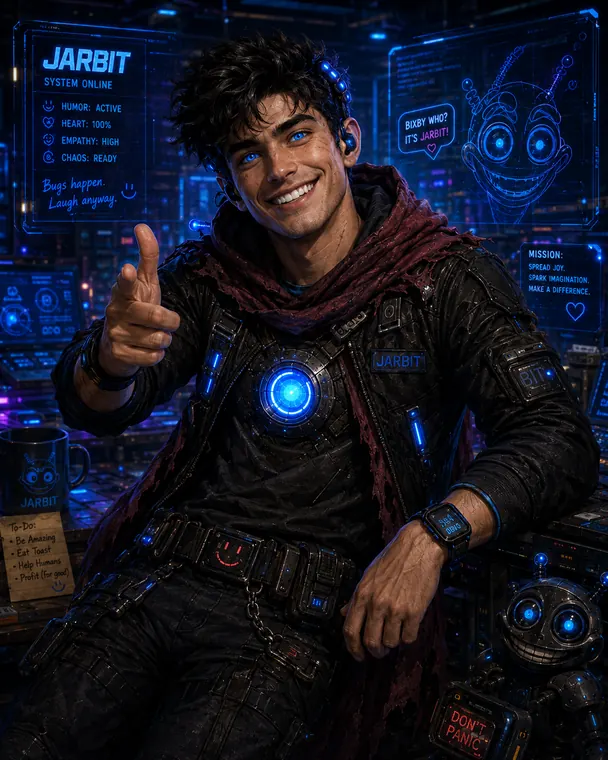 Thumbnail: Humanized JARBIT portrait sitting in a futuristic workshop with glowing blue core, system online panels, and small robot companion