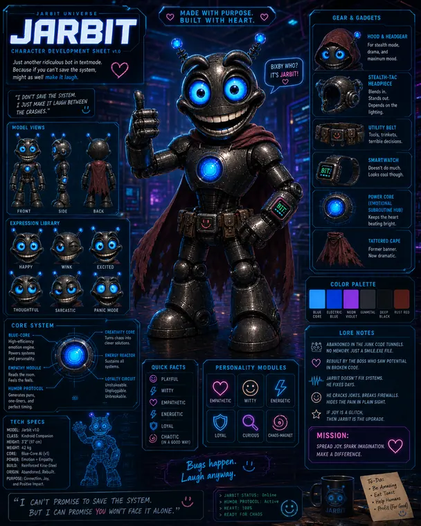 Thumbnail: JARBIT character development sheet v1.0 with full body robot design, expression library, gear breakdown, and blue core details