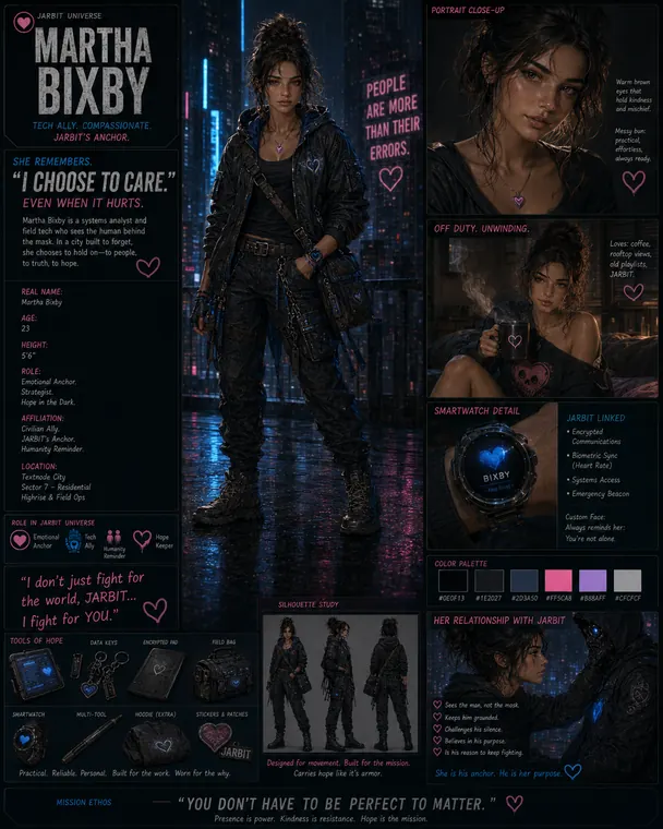 Thumbnail: Martha Bixby character development sheet with full body design, portrait close-up, tools, smartwatch detail, and emotional anchor notes