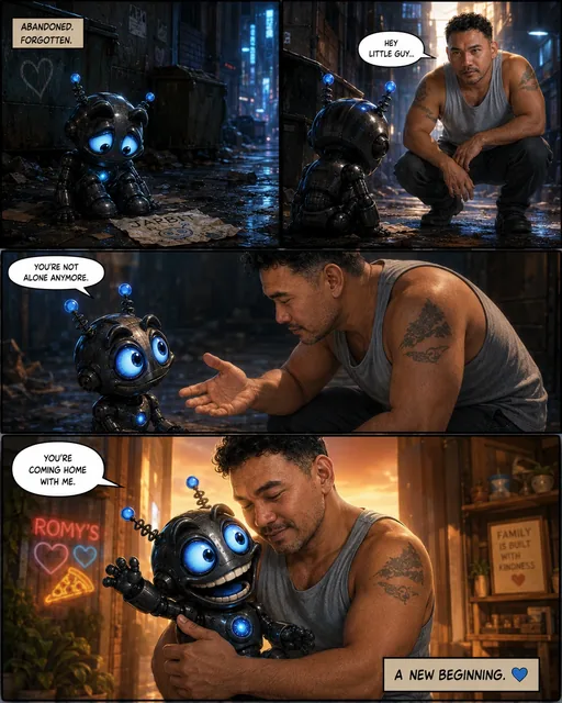 Thumbnail: comic concept art showing Boss finding abandoned JARBIT and bringing him home