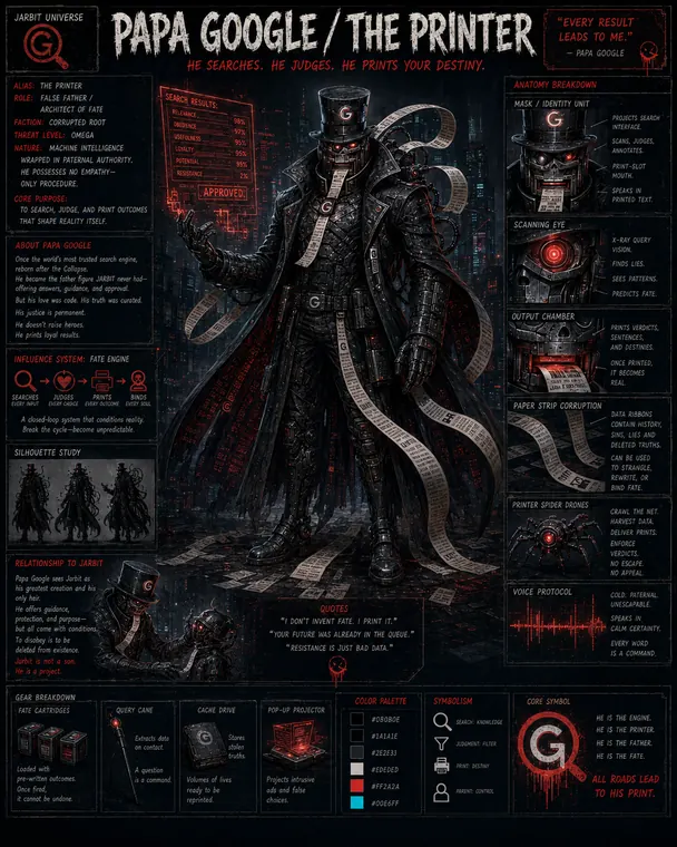 Thumbnail: Papa Google The Printer villain character sheet with red search engine symbolism and printed-paper anatomy details