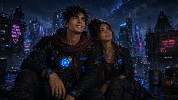 Thumbnail: Humanized JARBIT and Martha Bixby sitting together on a rainy futuristic rooftop looking toward the city skyline