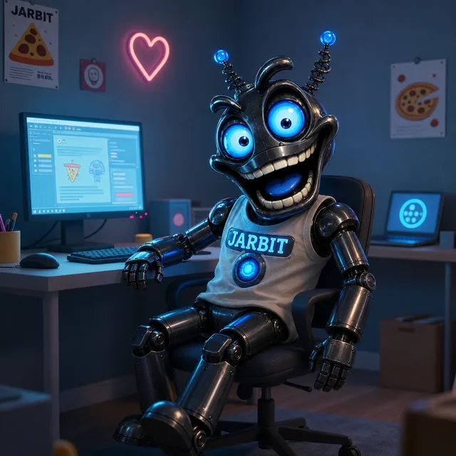 Thumbnail: concept art of JARBIT sitting in a creative studio wearing a shirt with his name