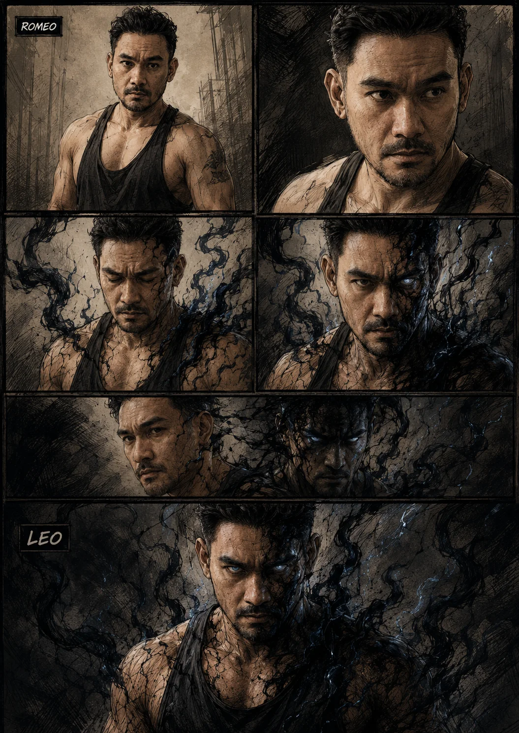 Comic sequence showing Romeo becoming Leo